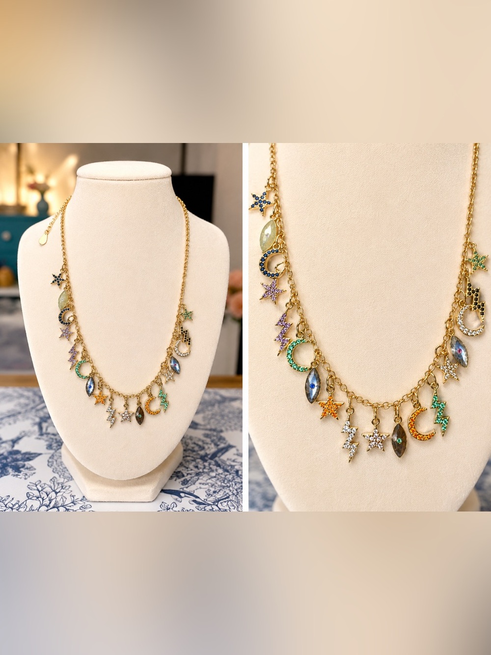 ✨🧿🌙🪬🌟⚡️✨multicolor celestial Charm necklace, 18K Gold Plated, purchased in Soho✨